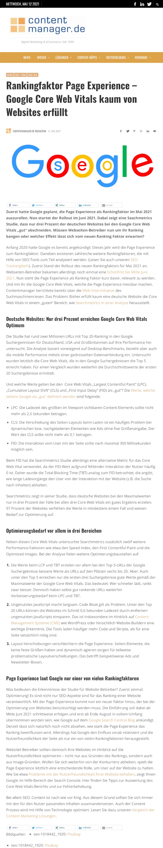 Core Web Vitals laut Fachpresse im Ranking bei Google entscheidend